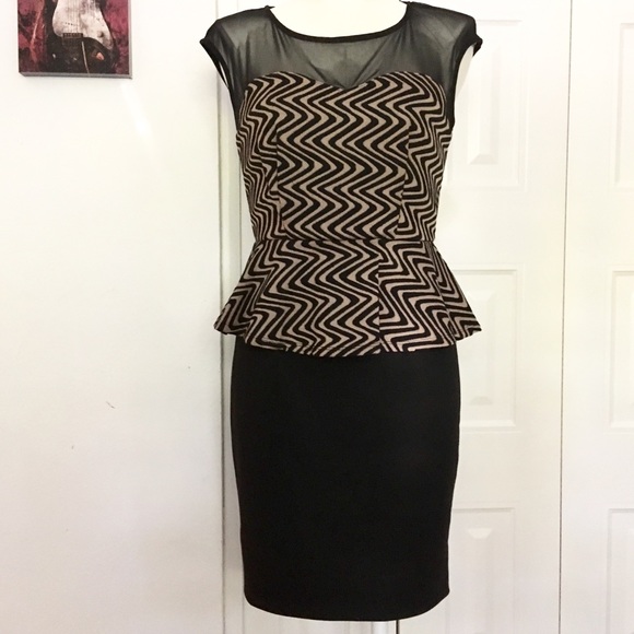 EN FOCUS STUDIO black & tan peplum dress w/ mesh - Picture 2 of 6